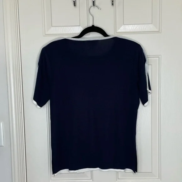 Misook Navy Blue White Trim Short Sleeve Knit Blouse Top | M - Picture 5 of 10